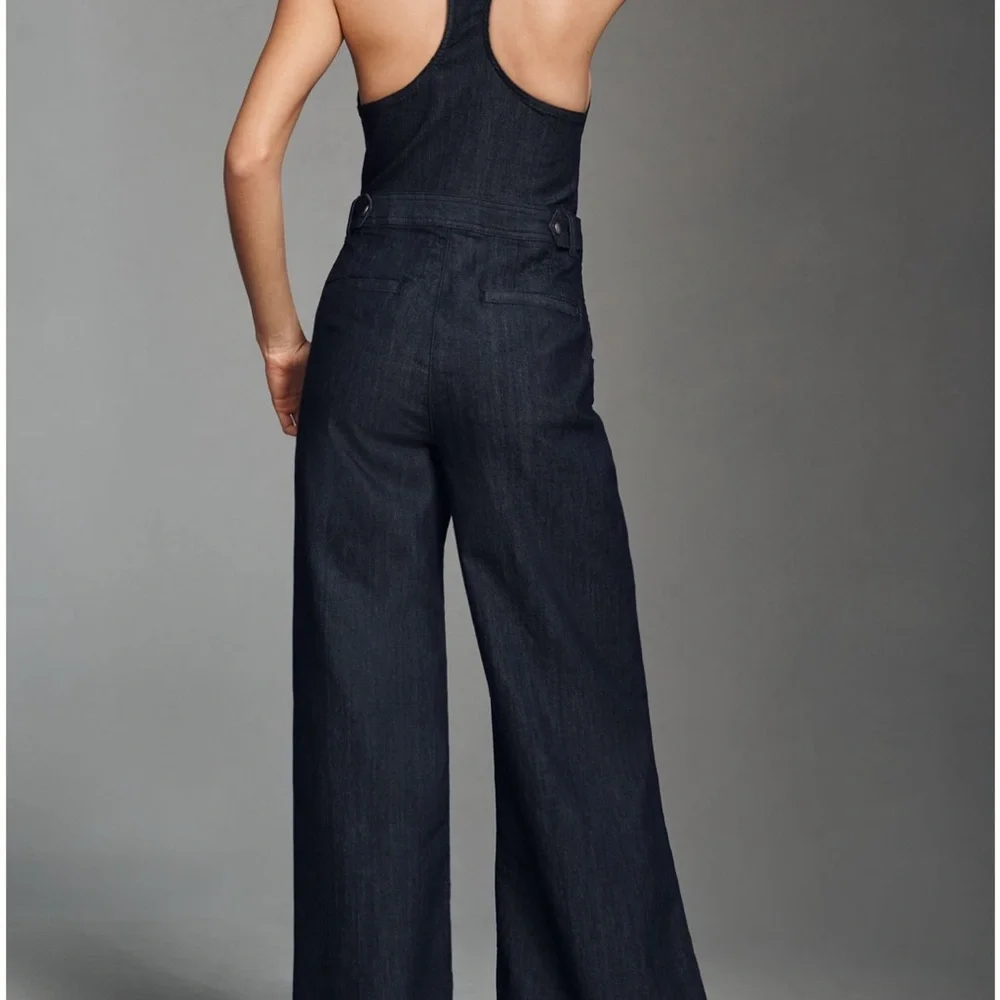 Maeve Anthropologie Sleeveless V-Neck Flare Denim Jumpsuit - Picture 3 of 7